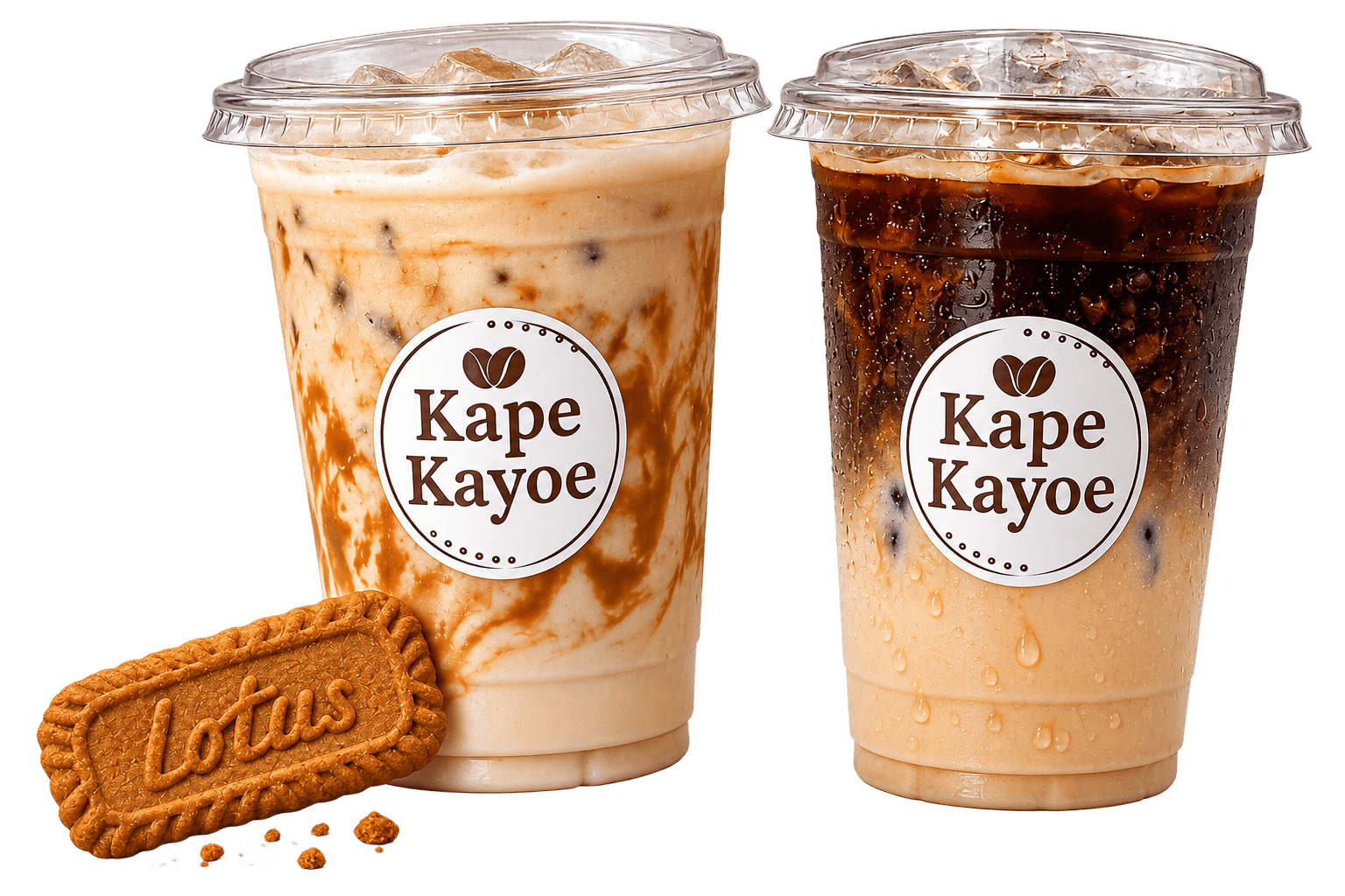 Kape Kayoe iced coffee cups with a Lotus Biscoff biscuit